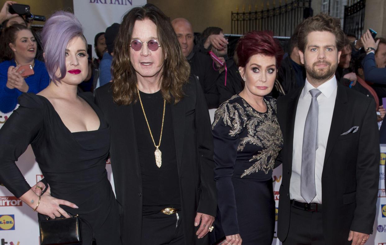 LONDON, ENGLAND - SEPTEMBER 28:  (L-R) Kelly Osbourne, Ozzy Osbourne, Sharon Osbourne and Jack Osbourne attend the Pride of Britain awards at The Grosvenor House Hotel on September 28, 2015 in London, England.  (Photo by Mark Cuthbert/UK Press via Getty Images)