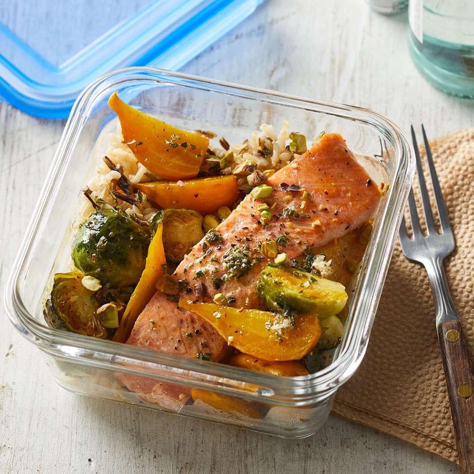 Roasted Salmon Rice Bowl with Beets & Brussels