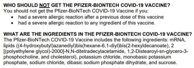 Ingredients in the Pfizer-BioNTech vaccine as listed on the U.S. Food and Drug Administration site.