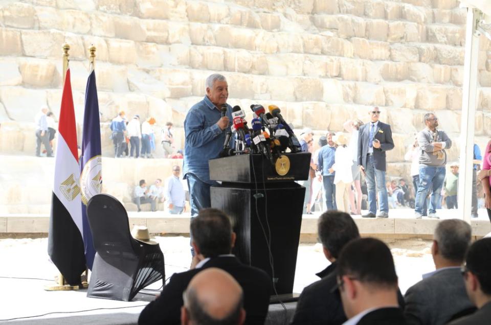 Former Minister of State for Antiquities Affairs of Egypt Zahi Hawass speaks to the press about the new secret passage in Giza, Egypt on March 02, 2023.<span class="copyright">Fareed Kotb—Anadolu Agency/Getty Images</span>