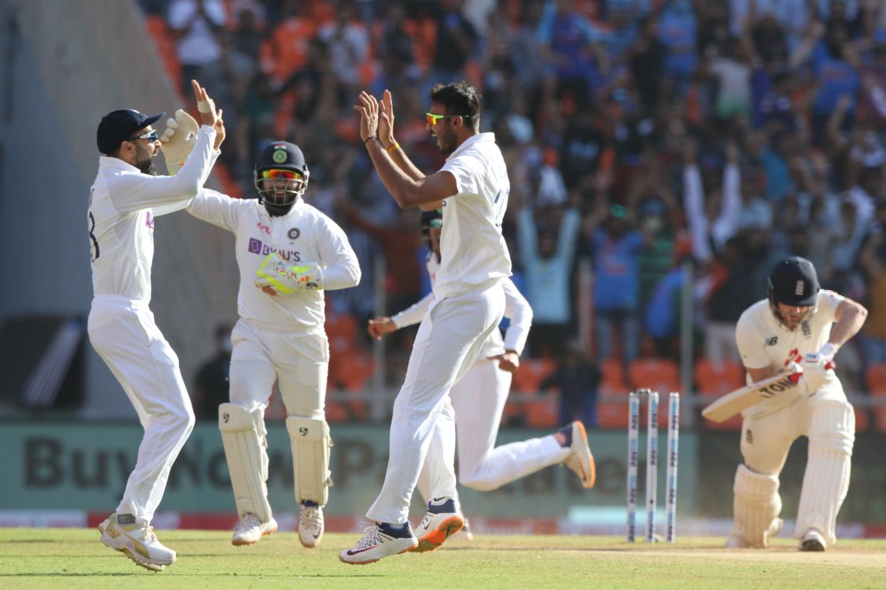 Axar Patel of India celebrates the wicket of Jonny Bairstow (BCCI)