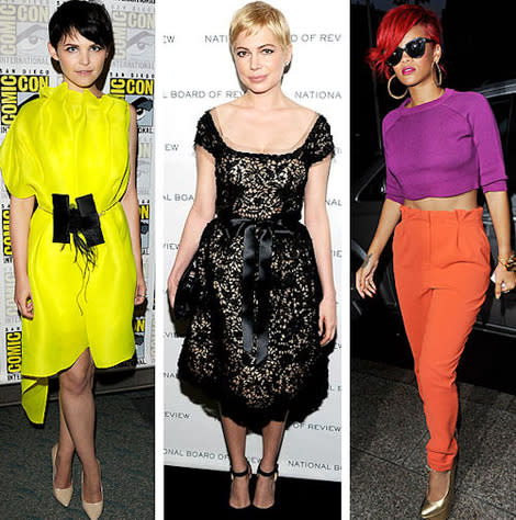 2011 in style- Michelle Williams in a 50s style dress, Rihanna color blocks and Ginnifer Goodwin takes a risk in shocking yellow