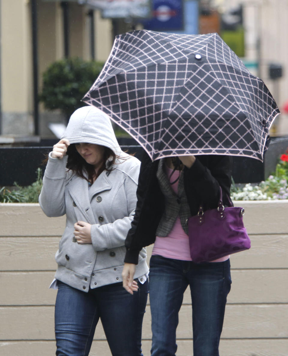 Umbrella and jacket hoods are called for as showers swept through Sacramento, Calif., Friday, Feb. 7, 2014. Drought-stricken California is getting some relief as a storm system the likes of which, forecasters say, the region has not seen in more than a year.(AP Photo/Rich Pedroncelli)