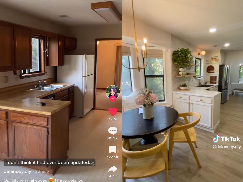 composite image of a kitchen remodel -- a dark, brown wood kitchen as the "before" shot on the right and a bright, modern kitchen on the left with white cabinets and modern lighting