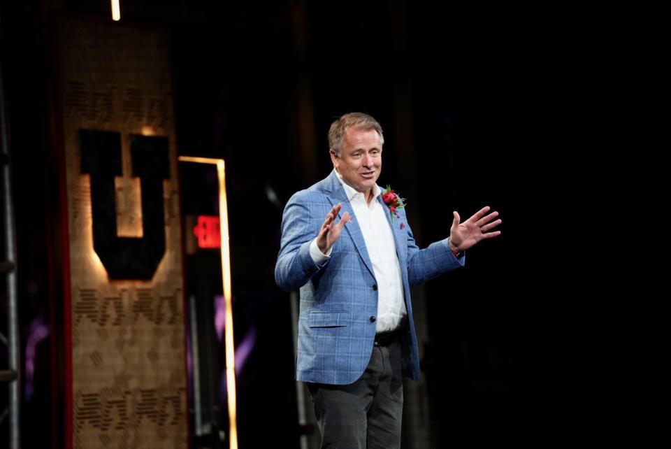 University of Utah President Taylor Randall addresses donors and Utah leaders during festivities to celebrate the university’s just-completed “Imagine New Heights” giving campaign that raised $3 billion over eight years, on Saturday, April 29, 2023. | University of Utah