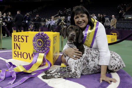 FILE PHOTO: Handler Valerie Nunez Atkinson poses with CJ, a German Shorthaired Pointer from the Sporting Group, after they won Best in Show at the Westminster Kennel Club Dog show at Madison Square Garden in New York, U.S., February 16, 2016. REUTERS/Brendan McDermid/File Photo