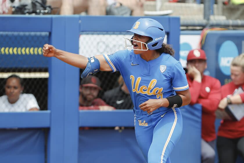 UCLA's Maya Brady (7) celebrates after a home run during the third inning.