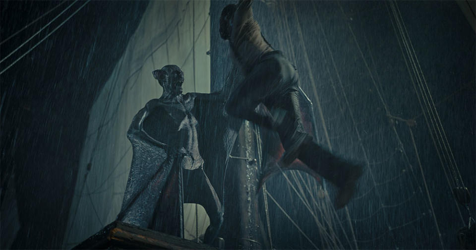 Nosferatu Javier Botet and Clemens Corey Hawkins in The Last Voyage of the Demeter.