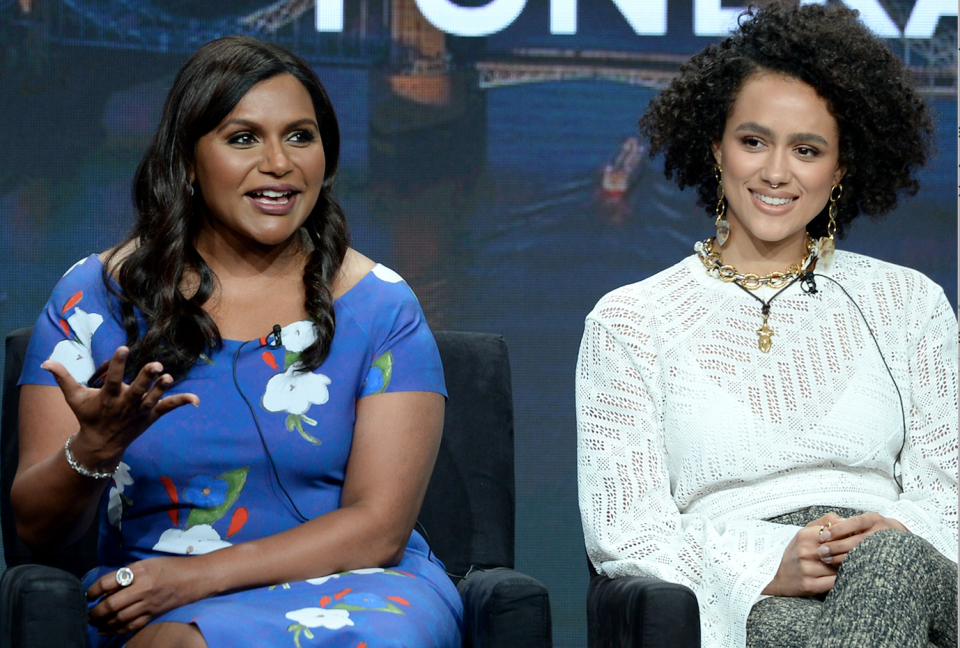 Mindy Kaling and Nathalie Emmanuel at the Television Critics Association summer press tour to discuss Four Weddings and a Funeral