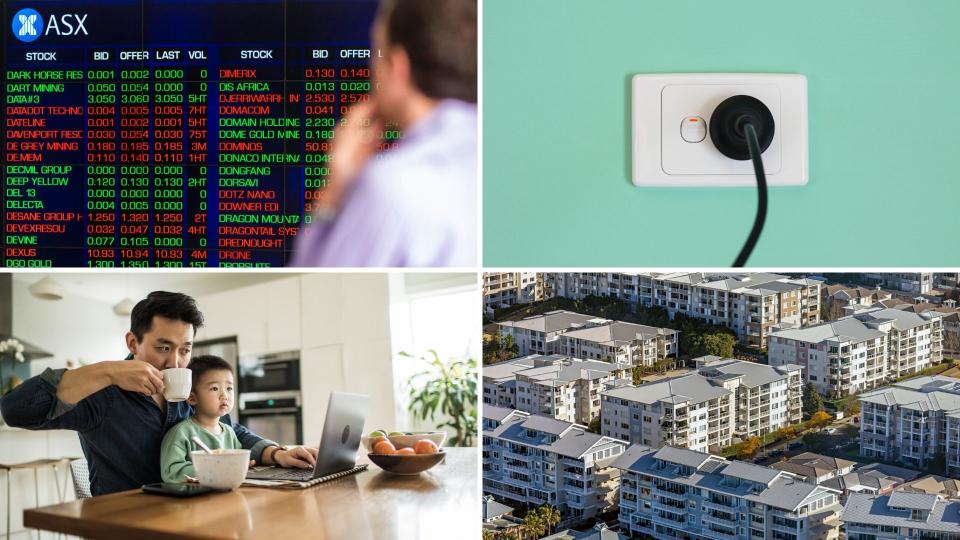 Pictured: ASX ticker board, man and child working from home, Australian apartments, Australian powerpoint.