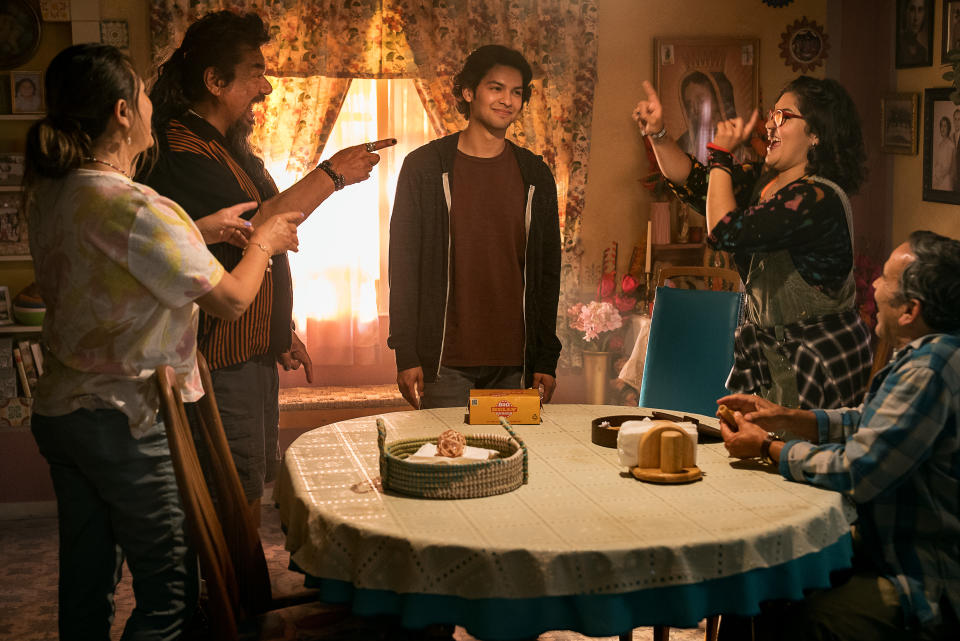 Elpidia Carrillo As Rocio, George Lopez As Uncle Rudy, Xolo Maridueña As Jaime Reyes, Belissa Escobedo As Milagro And Damian Alcazar As Alberto In Blue Beetle. (Warner Bros.)