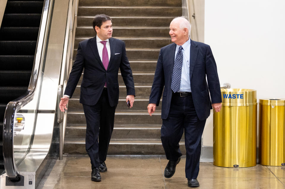 U.S. Senators Marco Rubio (R-FL) and Ben Cardin (D-MD) walk towards the Senate subway on March 23, 2020. (Michael Brochstein / Echoes Wire/Barcroft Media via Getty Images)