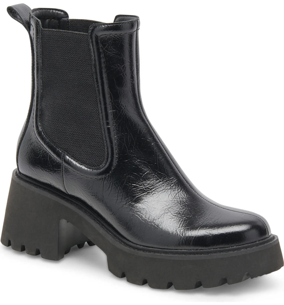 Dolce Vita Hawk H2O Waterproof Chelsea Boot in crinkle patent. (Photo via Nordstrom)