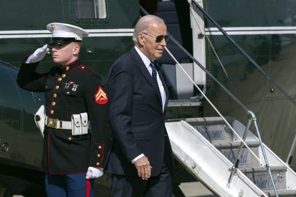 FILE - President Joe Biden arrives on Marine One in Mountain View, Calif., for a campaign fundraiser, Feb. 22, 2024. Biden doesn't discuss the death penalty much today. Former President Donald Trump, meanwhile, vows in his campaign speeches to seek execution for drug dealers as part of a national crackdown on crime. Capital punishment may not be dominating the 2024 presidential race, but it could quickly seize the political spotlight after November. (AP Photo/Manuel Balce Ceneta, File)