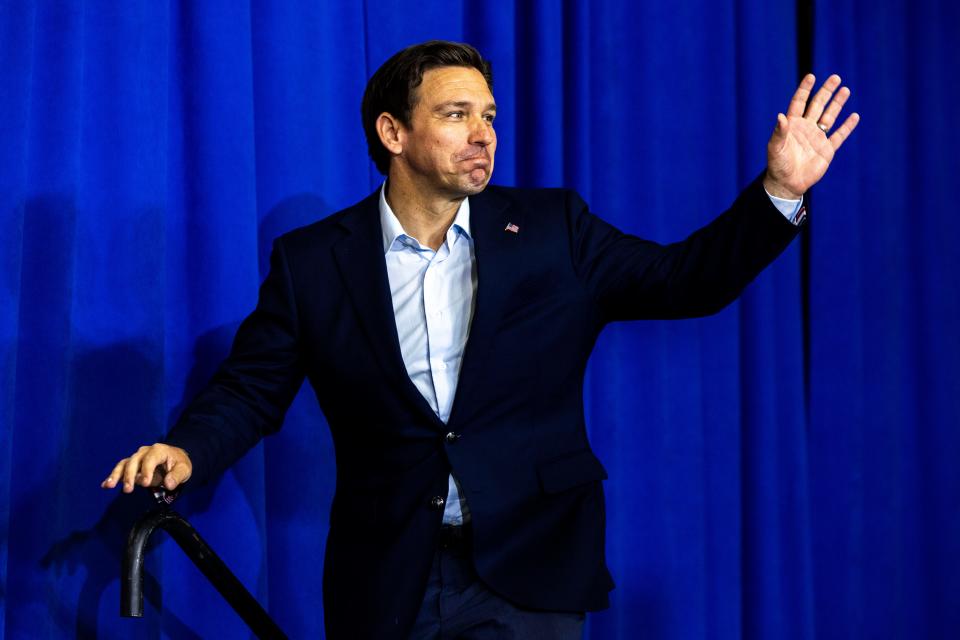 Republican presidential candidate Florida Gov. Ron DeSantis speaks during a fundraiser on Sunday, Aug. 6, 2023, in Cedar Rapids, Iowa.