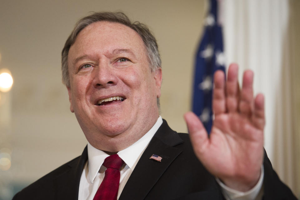 Secretary of State Michael Pompeo meets with Australian Foreign Minister Marise Payne at the State Department in Washington, Wednesday, Jan. 30, 2019. (AP Photo/Cliff Owen)