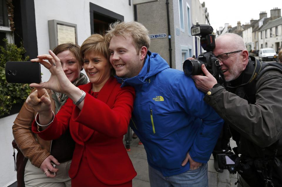 Nicola Sturgeon the leader of the Scottish National Party, poses for a selfie during a campaign visit in South Queensferry