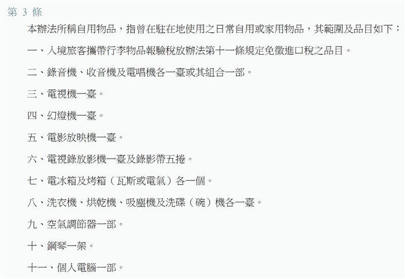 「政府派駐國外人員任滿調回攜帶自用物品辦法」第3條規定。（圖／翻攝自黃揚明臉書）