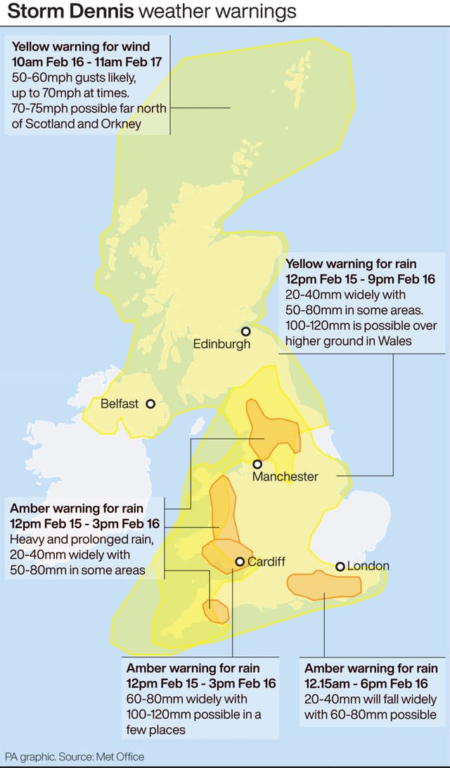 Storm Dennis weather warnings