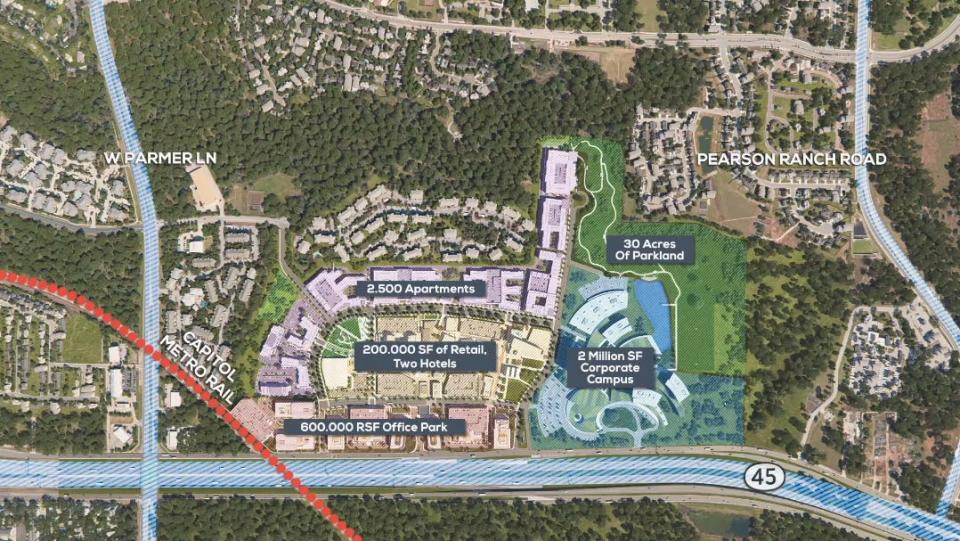 This concept plan shows the layout of the 156-acre mixed-use Pearson Ranch development planned for Williamson County, about two miles northwest of Apple Inc.'s new $1 billion campus.