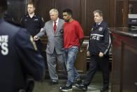 FILE - Richard Rojas, of the Bronx, N.Y., accused of mowing down a crowd of Times Square pedestrians, killing a teenage tourist, is escorted to his arraignment in Manhattan Criminal Court, in New York, Friday, May 19, 2017. Prosecutors are largely relying on the testimony of victims to make a case against Rojas that could put him behind bars for decades. His lawyers are saying he had a mental breakdown that day and had no capacity to understand what he was doing. (Jefferson Siegel/The Daily News via AP, Pool, File)