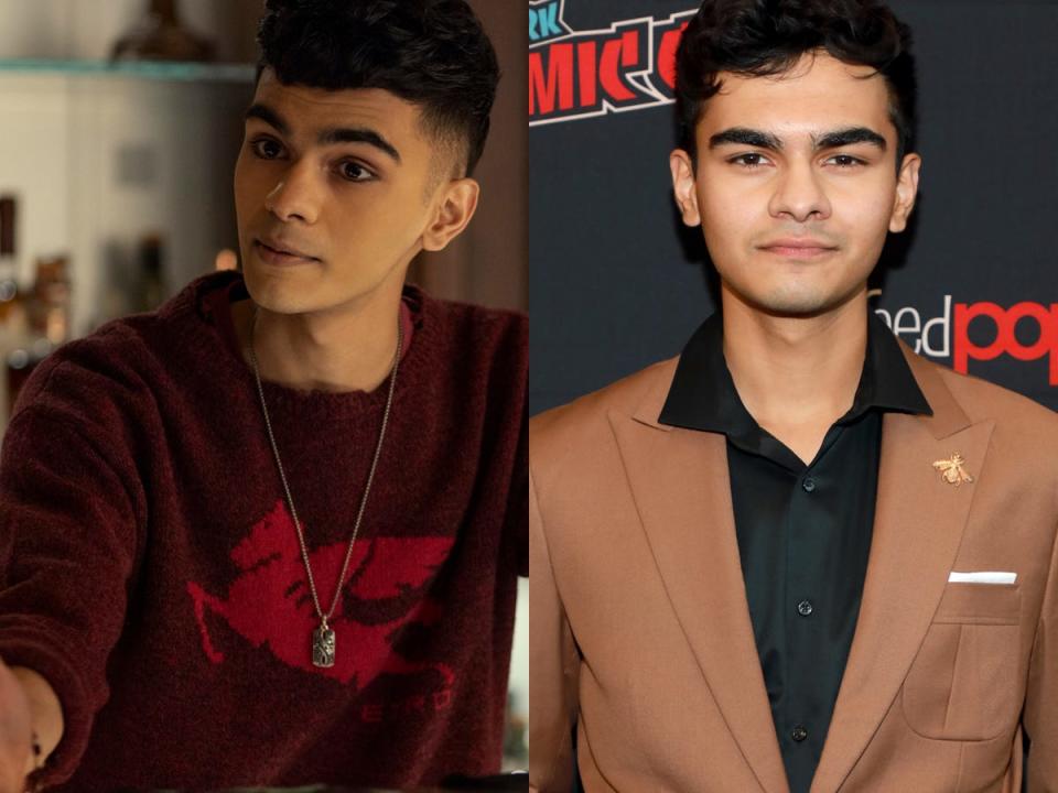 A side-by-side image of Sauriyan Sapkota as Prospero Usher on Netflix's "The Fall of the House of Usher," and in 2022.