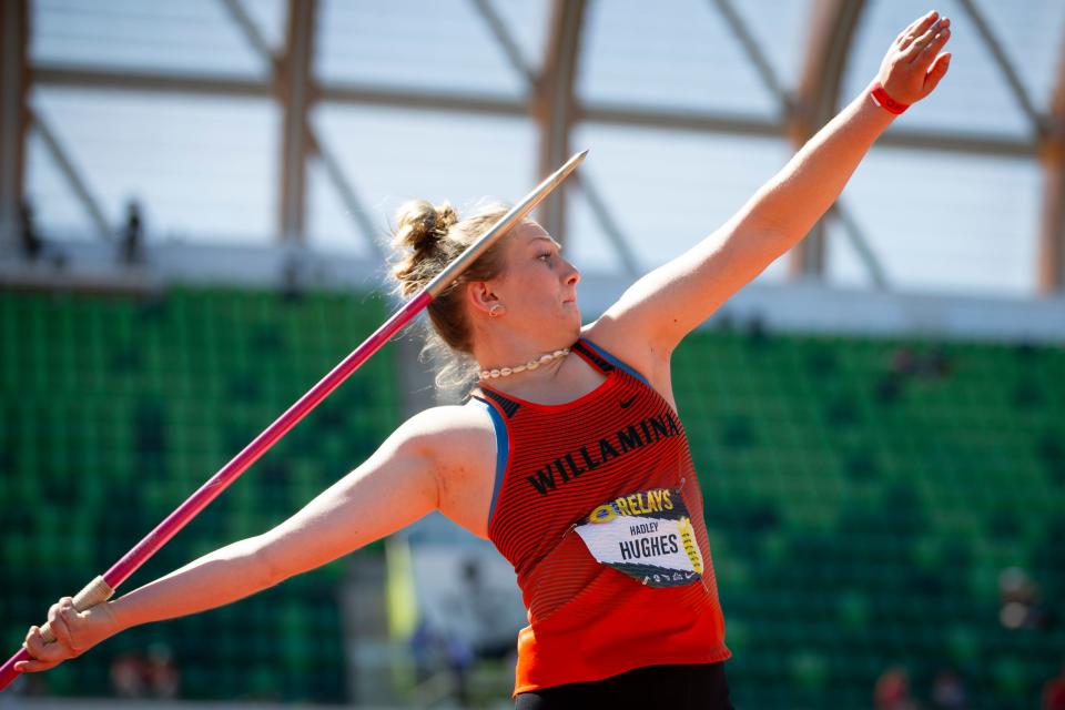 Willamina’s Hadley Hughes throws in the girls javelin during the Oregon Relays Friday, April 19, 2024, at Hayward Field in Eugene, Ore.