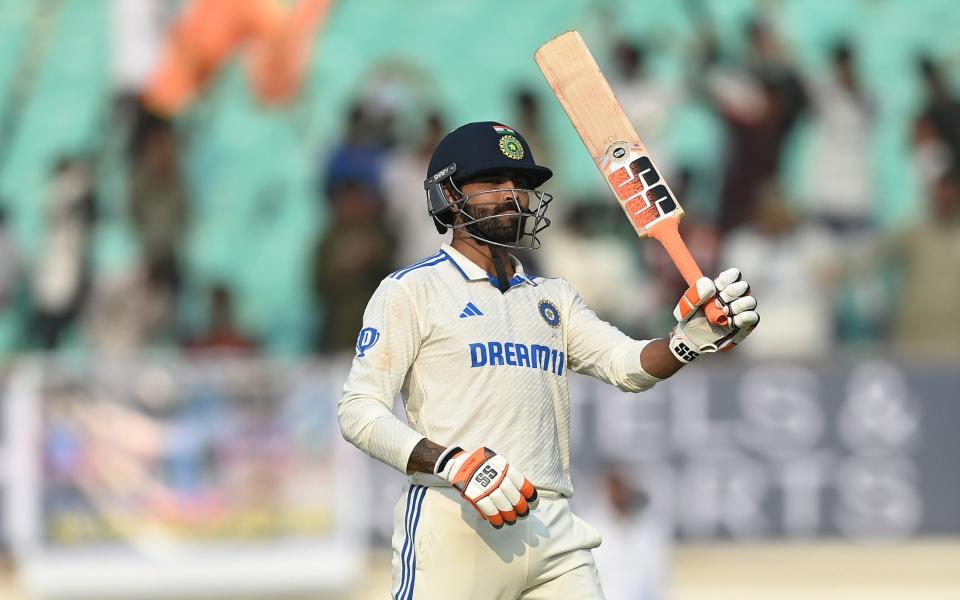 India batsman Ravindra Jadeja celebrates his century during day one of the 3rd Test Match between India and England at Saurashtra Cricket Association Stadium on February 15, 2024 in Rajkot, India