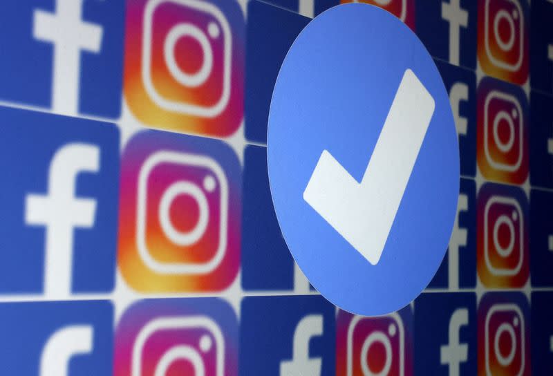 FILE PHOTO: Illustration shows blue verification badge, Facebook and Instagram logos