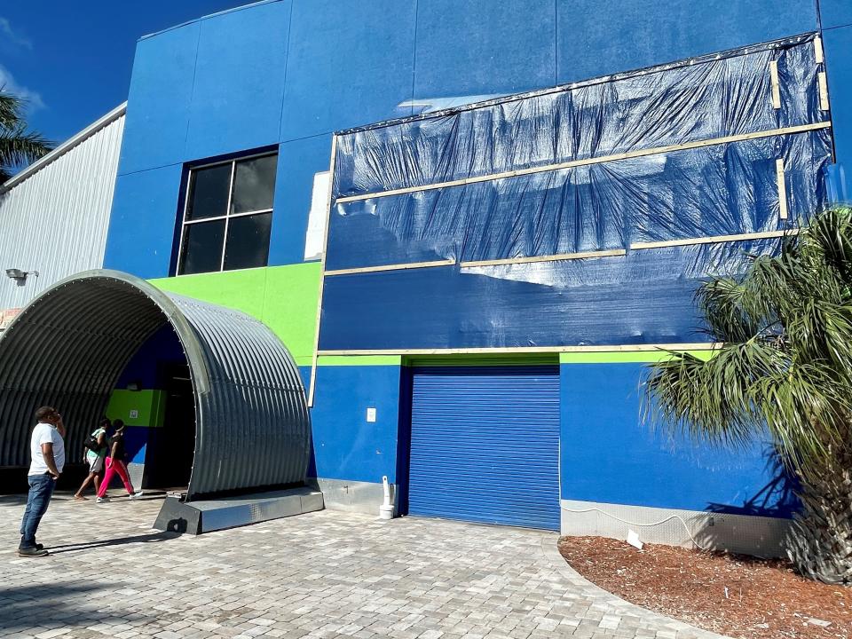 A large blue tarp now covers the hole in the wall at Andretti Thrill Park in Melbourne.