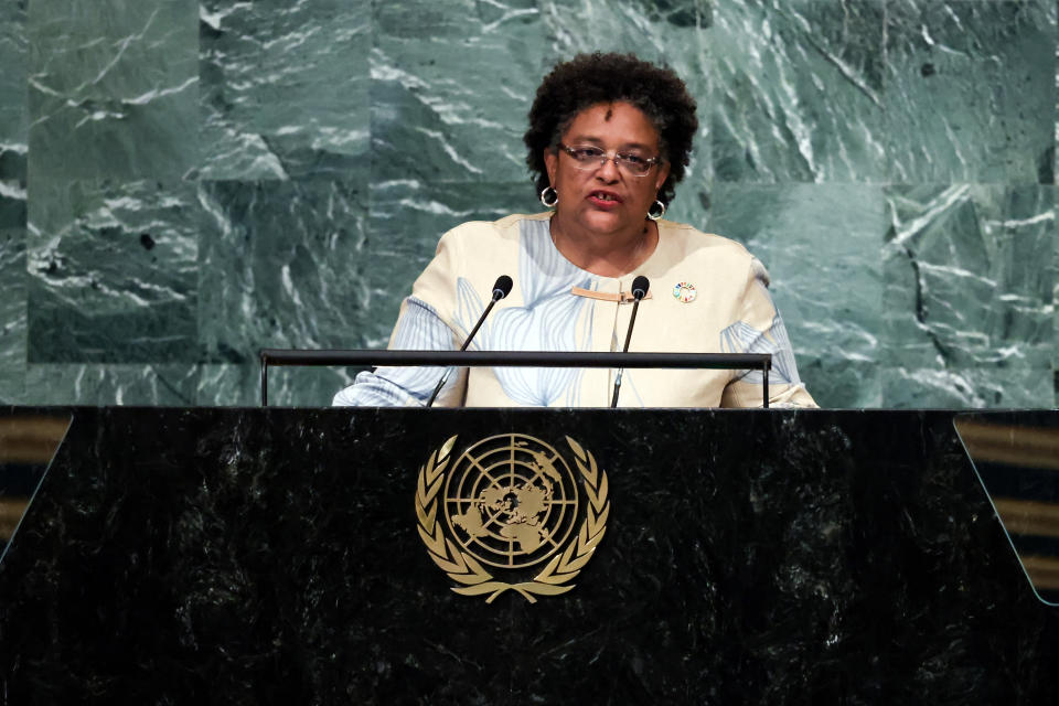 Prime Minister of Barbados Mia Amor Mottley addresses the 77th session of the United Nations General Assembly, Thursday, Sept. 22, 2022, at the U.N. headquarters. (AP Photo/Julia Nikhinson)