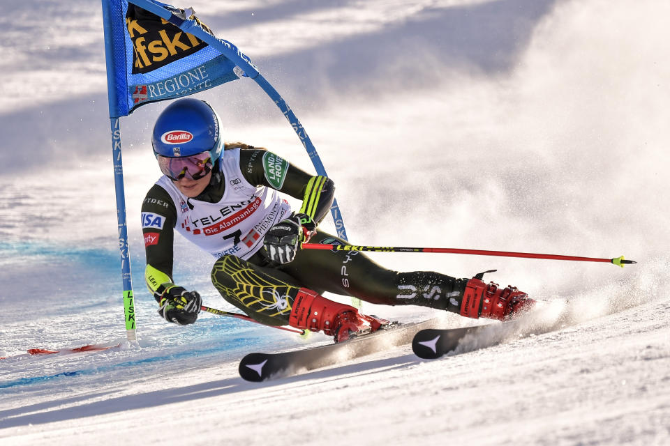 United States' Mikaela Shiffrin competes during the first run of an alpine ski, World Cup women's giant slalom in Sestriere, Italy, Saturday, Jan. 18, 2020. (Marco Alpozzi/LaPresse via AP)