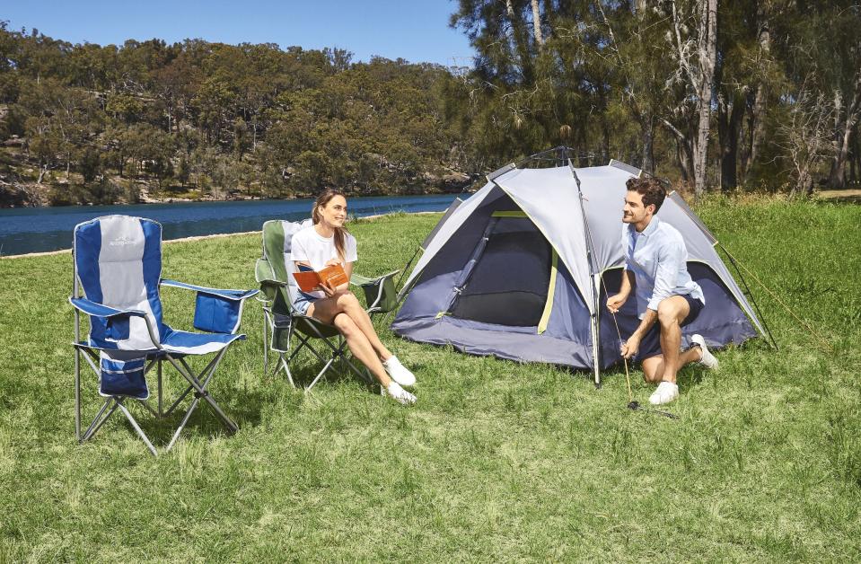 The four-person Pop-up Tent ($49.99) and Premium Camp Chair ($24.99). Photo: Aldi (supplied).