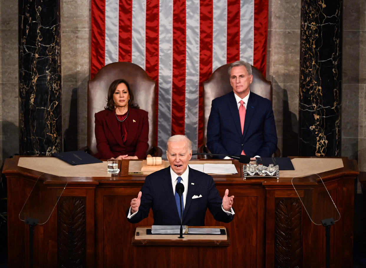 President Biden delivers the State of the Union address on Feb. 7, 2023. (Andrew Caballero-Reynolds / AFP - Getty Images)