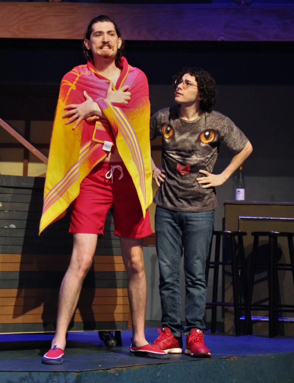 Armado (Mitchell Bradford) emerges from the hot tub, while Moth (C.J. Rosado) looks on in this rehearsal scene from "Love's Labour's Lost."