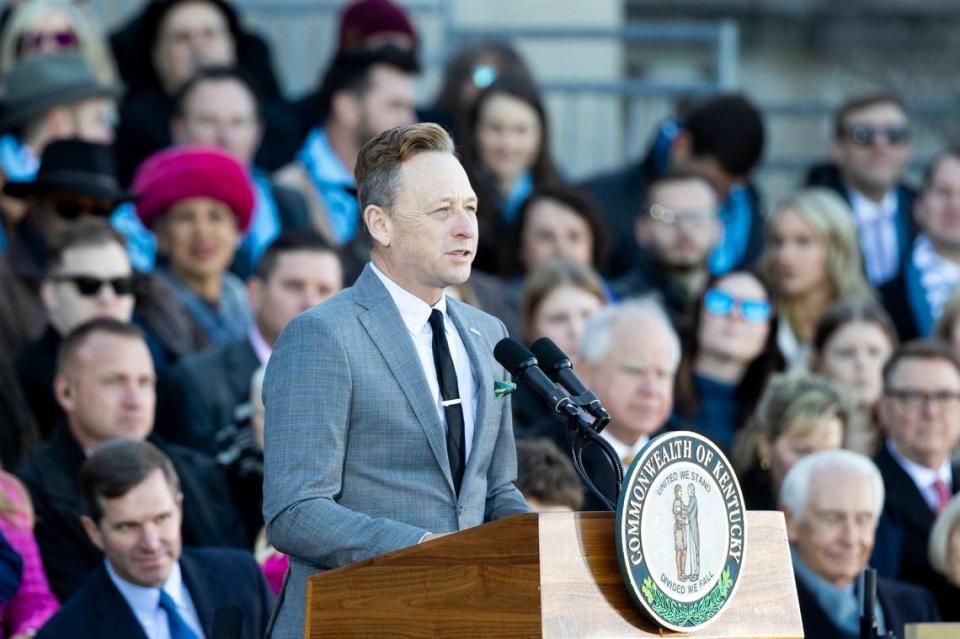 Poet Laureate of Kentucky Silas House recites a poem during the second inauguration of Gov. Andy Beshear at the capitol in Frankfort, Ky, December 12, 2023. Silas Walker/swalker@herald-leader.com