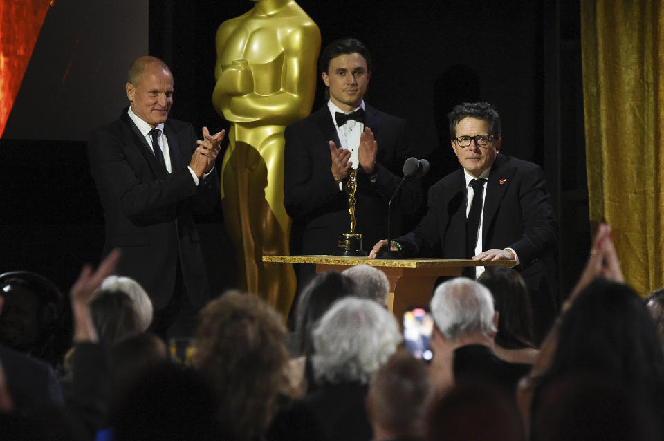 Michael J. Fox speaks on stage during the Governors Awards on Saturday, Nov. 19, 2022, at Fairmont Century Plaza in Los Angeles. (Photo by Richard Shotwell/Invision/AP)