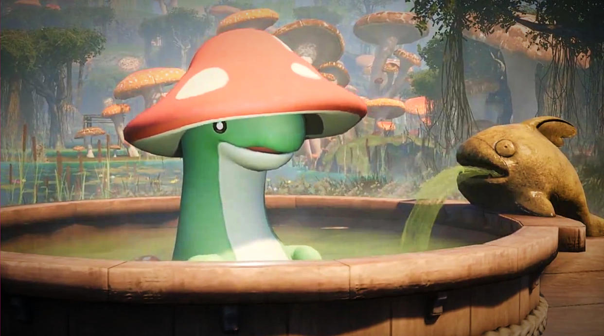  Palworld screenshot showing a green dinosaur-like creature with a red mushroom cap atop its head sitting in a wooden hot tub. 