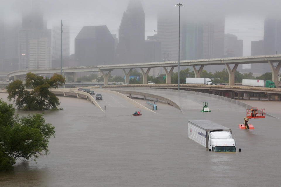 <p>Interstate highway 45 is submerged from the effects of Hurricane Harvey seen during widespread flooding in Houston, Texas, Aug. 27, 2017. (Photo: Richard Carson/Reuters) </p>