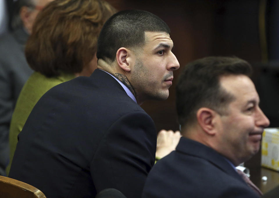 Former Patriots tight end Aaron Hernandez sits at the defense table during Day 5 of jury deliberations of his double-murder trial Thursday. (AP)