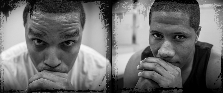 Corrections officer Javier Colon, and police officer Greg Thuesday sit in the dressing room at the Theater at Madison Square Garden before the NYPD Boxing Championships on June 8, 2017. (Gordon Donovan/Yahoo News)