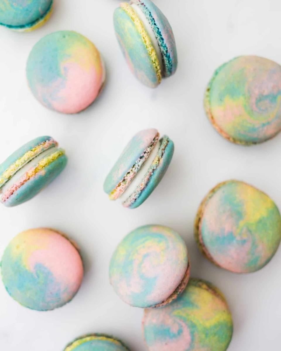 <p>These bright-hued cookies feature all the spring colors and then some. </p><p>Get the <strong><a href="https://thewoodandspoon.com/tie-dye-macarons/" rel="nofollow noopener" target="_blank" data-ylk="slk:Tie Dyed Macaroons recipe;elm:context_link;itc:0;sec:content-canvas" class="link ">Tie Dyed Macaroons recipe</a></strong> from Wood & Spoon.</p>