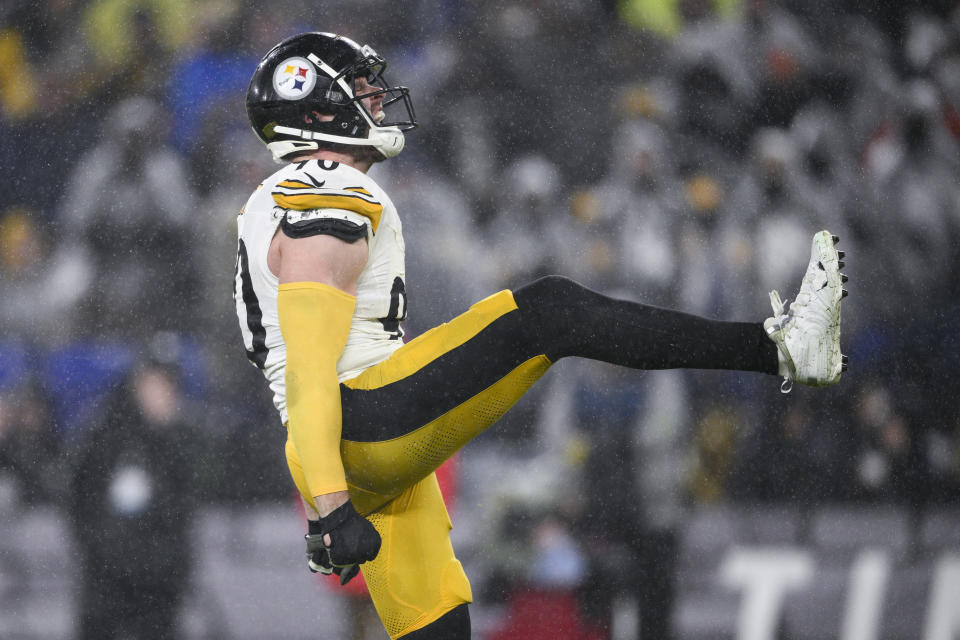 Pittsburgh Steelers linebacker T.J. Watt reacts after sacking Baltimore Ravens quarterback Tyler Huntley during the second half of an NFL football game, Saturday, Jan. 6, 2024 in Baltimore. (AP Photo/Nick Wass)