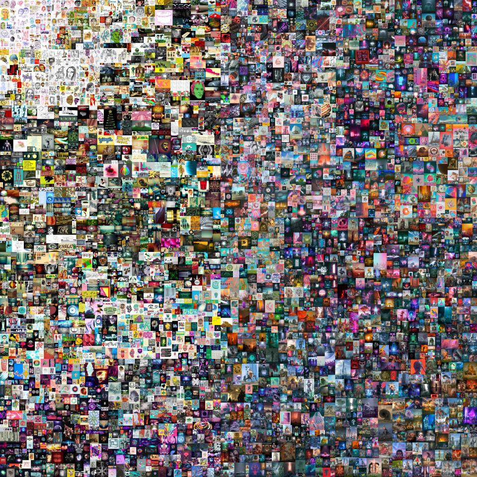 En esta foto sin fecha difundida por Christie's el 11 de marzo de 2021, el collage digital "Everydays: The First 5,000 Days" del artista Beeple, que se vendió por un récord de 69,3 millones de dólares en subasta. (Christie's vía AP)