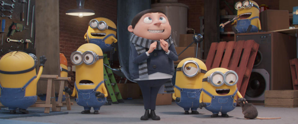 Minions Kevin and Otto, Gru (Steve Carell) and Minions Stuart and Bob in Illumination's 