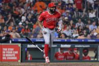 Los Angeles Angels' Jo Adell rounds the bases after his solo home run against the Houston Astros during the fifth inning of a baseball game Monday, May 20, 2024, in Houston. (AP Photo/Michael Wyke)