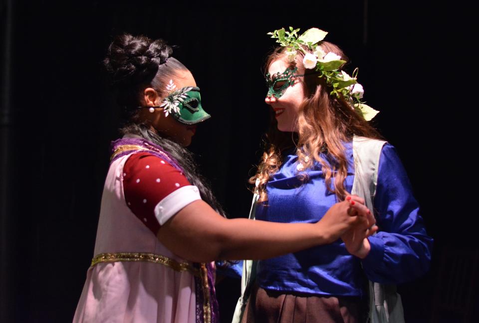 Lauren Yor'el Scott, left, as Hero, and Megan Hamel, as Beatrice, rehearse a scene for GhostLight Theatre's production of Shakespeare's "Much Ado About Nothing" that opens its 2023 season from May 11 to 21 in Benton Harbor.