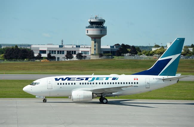 A WestJet aircraft is pictured on the tarmac in Ottawa on Thursday. The airline has suffered a rash of threats over the past week, grounding several flights and affecting travel for passengers. THE CANADIAN PRESS/Sean Kilpatrick