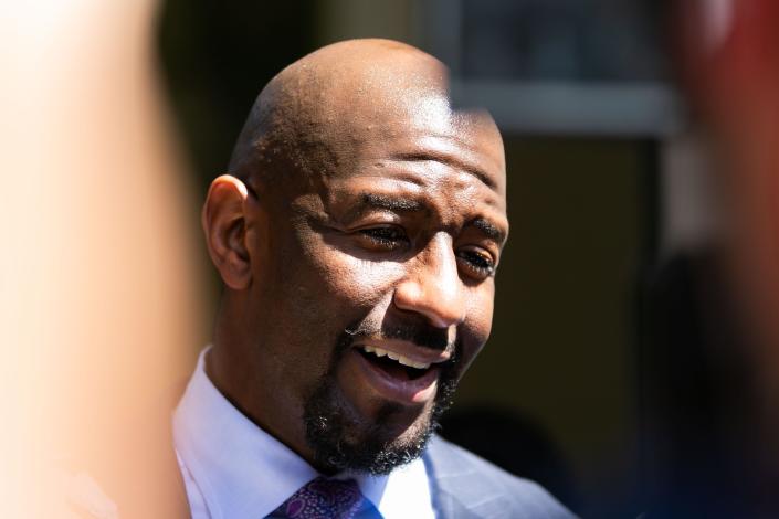 Former Tallahassee Mayor Andrew Gillum and his defense team speak with the media after a jury found him not guilty on making false statements while deadlocking on all other charges Thursday, May 4, 2023. 