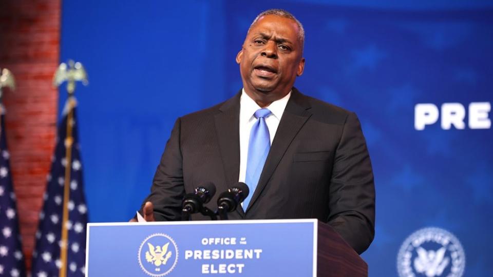 U.S. Army (retired) General Lloyd Austin speaks after being formally nominated to be Secretary of the Department of Defense by U.S. President-elect Joe Biden at the Queen Theatre on December 09, 2020 in Wilmington, Delaware. (Photo by Chip Somodevilla/Getty Images)